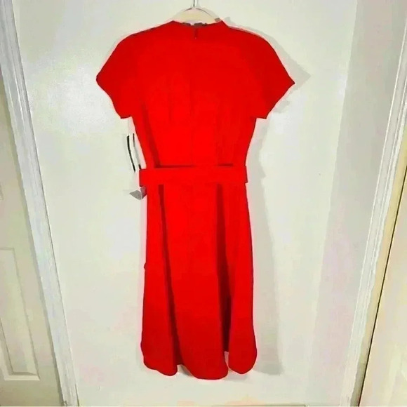 NWT Maggy London Crepe Arc Shoulder Cascade Skirt Belted Fit & Flare Midi Dress - Picture 7 of 9